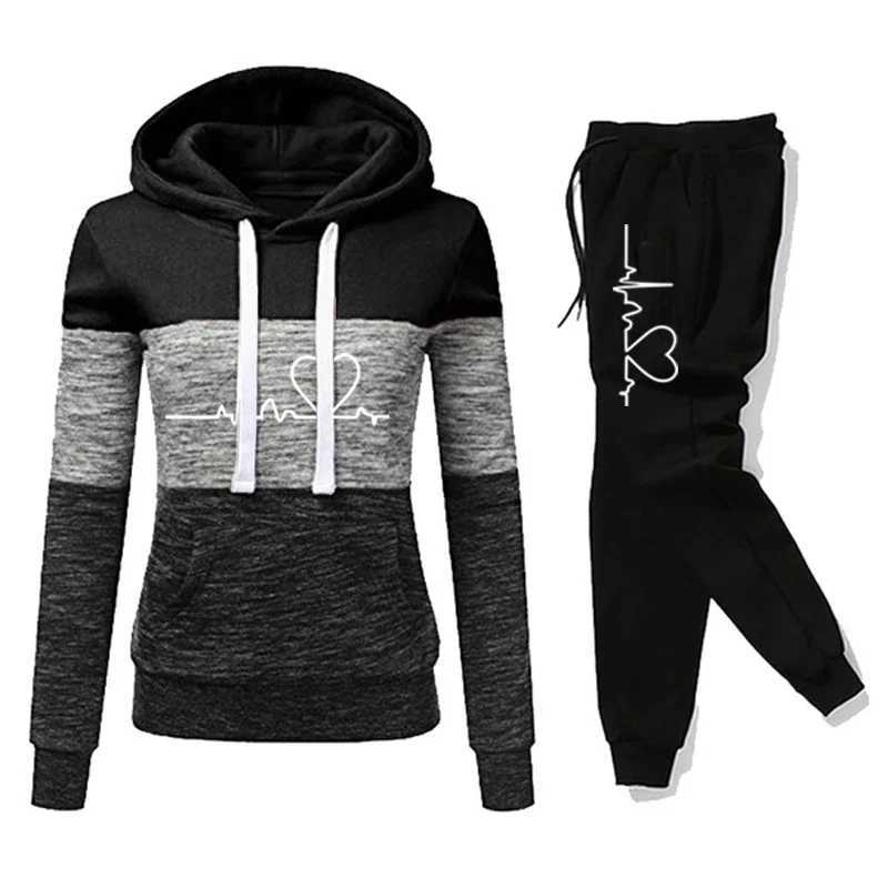 Women TraCKsuit Hooded Sweatshirt Sweatpant Color BloCK Versatile Casual Jogging Pullovers Sport Trousers Outfits S-3XL M260313