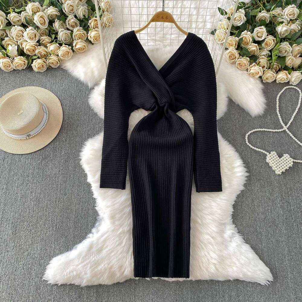 REALEFT Autumn Winter Elegant Front Cross V-neck Knitted Wrap 2025 High Waist Long Sleeve Casual Sweater Dresses Female Z260313