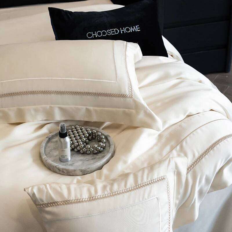 1000TC Egyptian Cotton Light Champagne Embroidery Bedding Duvet Cover Set Bed Sheet/Fitted Sheet Pillowcases 4Pcs H260312 - view 5