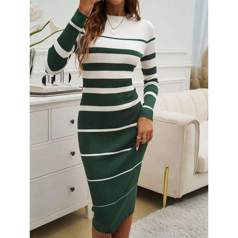Women Sweater Long Dresses,2024 Autumn Steiped Casual Dress,Women Clothing,dresses 2024 Women,Long Sleeve Dresses Z260313