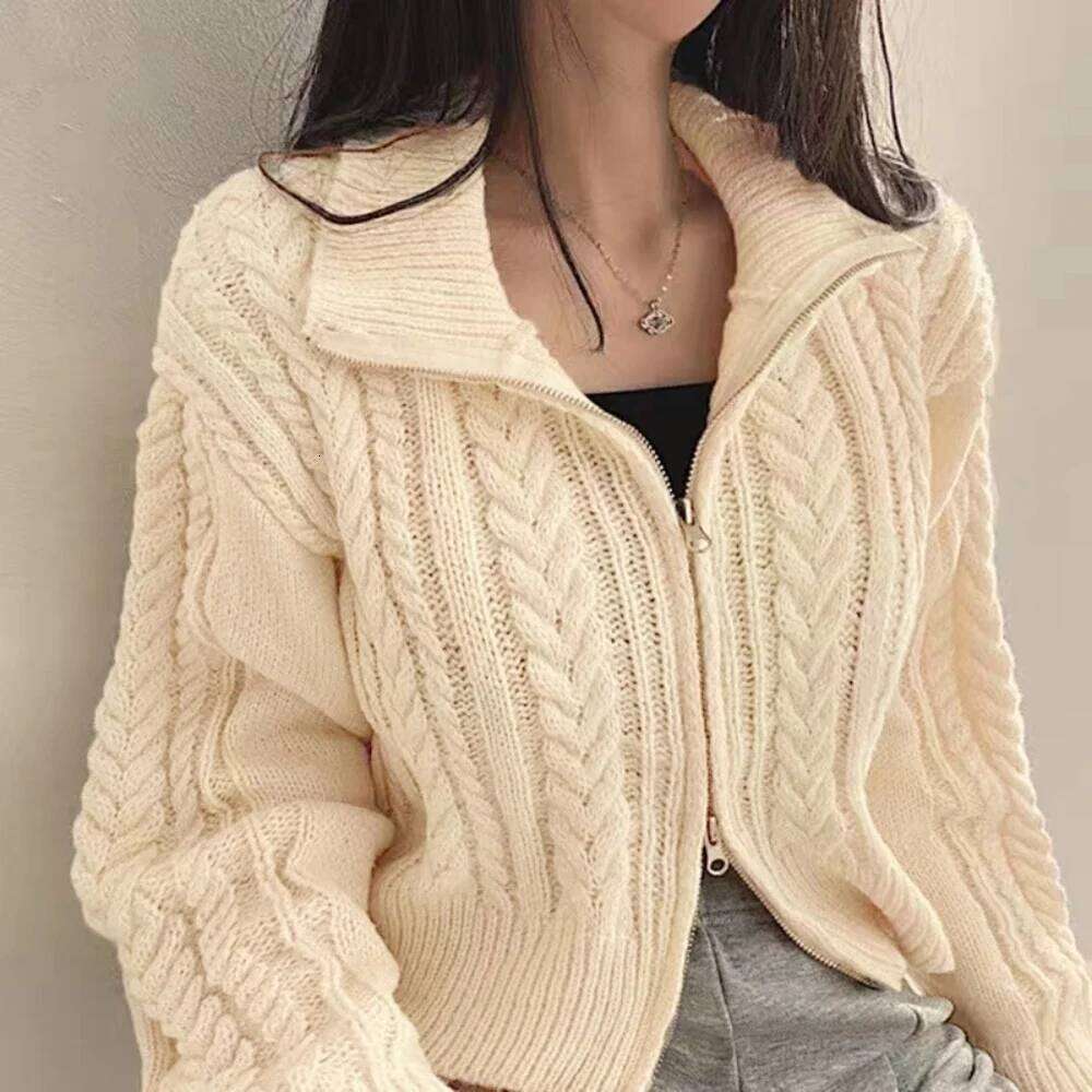 Knit Short Coat Long Sleeve Zipper Sweater Casual Women Cardigan Vintage Winter Korean Chic Elegant 2024 Lady Trend Top Z260313