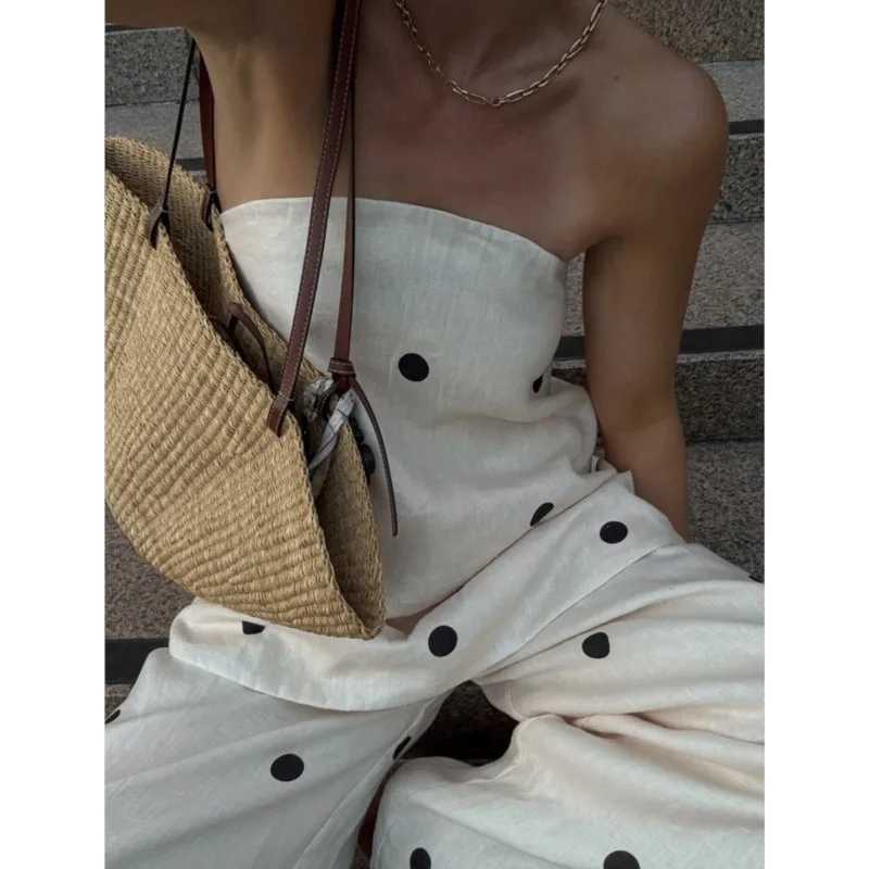 Women Fashion Backless Polka Dot Tops Pants Sets Loose Strapless Back Split Vest Pocket Wide Leg Pant 2025 Lady Vacation Outfits M260313