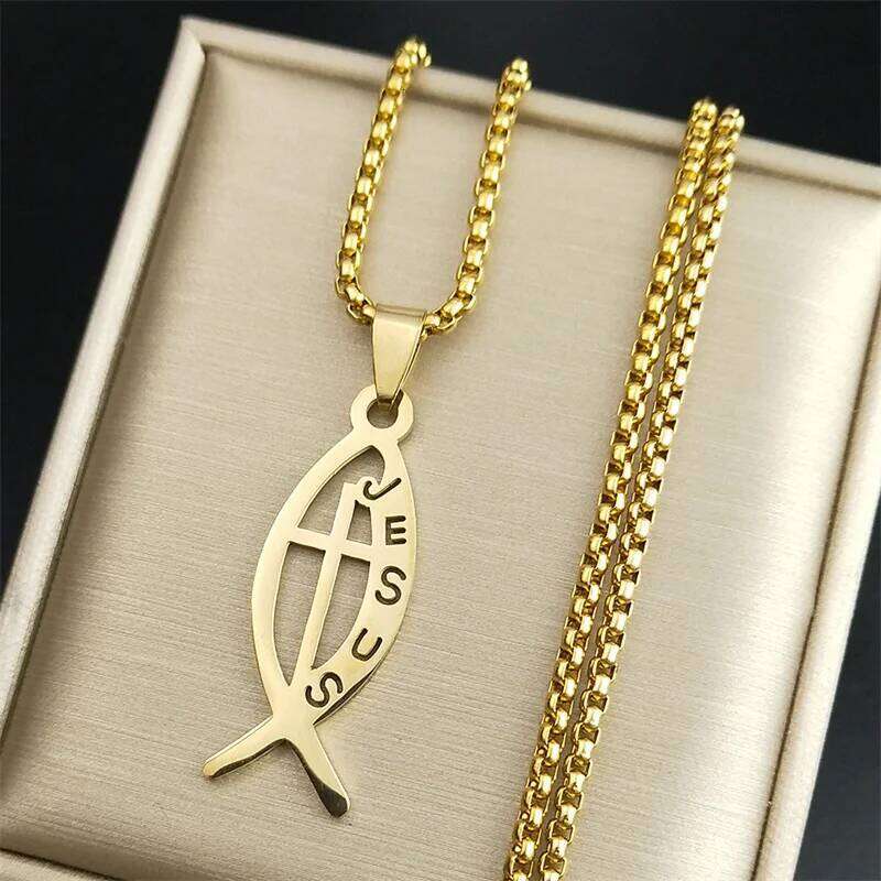 Ichthys Jesus Fish Cross Christ God Pendant Necklace for Women Men Stainless Steel Gold Color Christian Chain Jewelry N1482S02 H260312