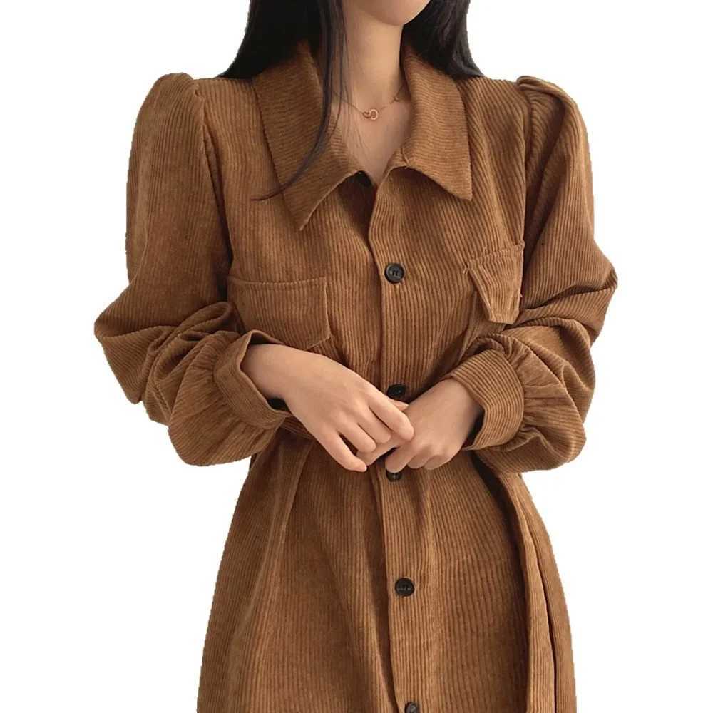 Korean Style Chic Autumn Winter French Vintage Turn-down Collar Single Button Waist-cinching Long Pure Color Corduroy Dress WomeT260314