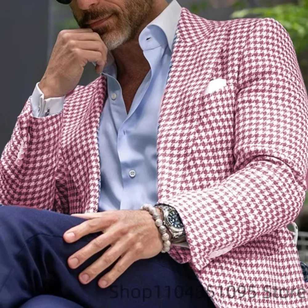 Rosa Houndstooth Terno Jaqueta De L Business Blazer Unique Top Breasted Slim Fit Check Wedding Suit Ternos M260313