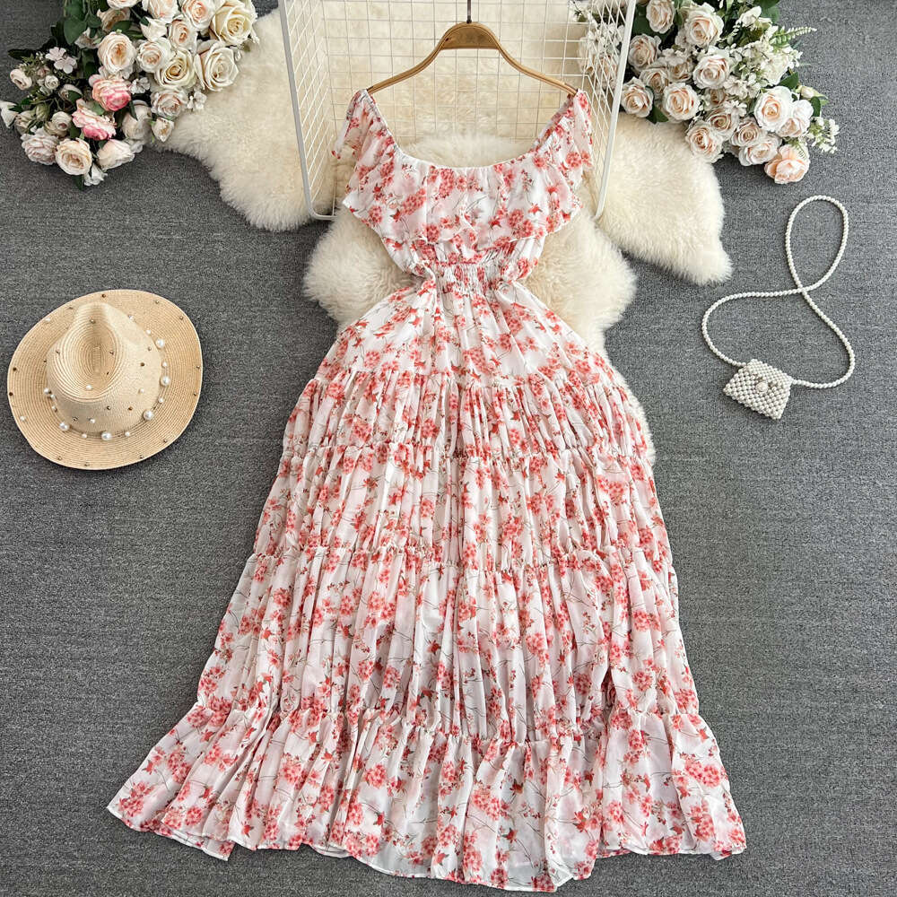 Super Immortal Seaside Resort Flower Style Gentle Square Collar Ruffle Hemp Waist Slimming A-line Chiffon Dress