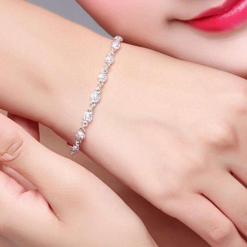Luxury 925 Sterling Silver For Women Girls Fashion Korean Rose Flower Chain Bracelets Party Wedding Jewelry Gifts Z260313