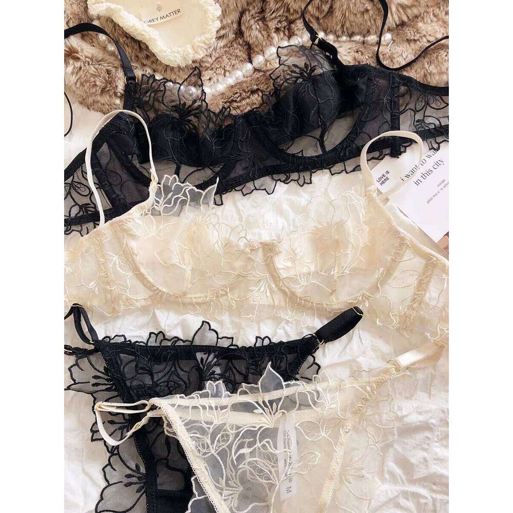 French Underwear Sexy Lace Flowers Embroidery Bra Set Women Intimates Summer Ultra Thin Breathable Bralette Lingerie Panties
