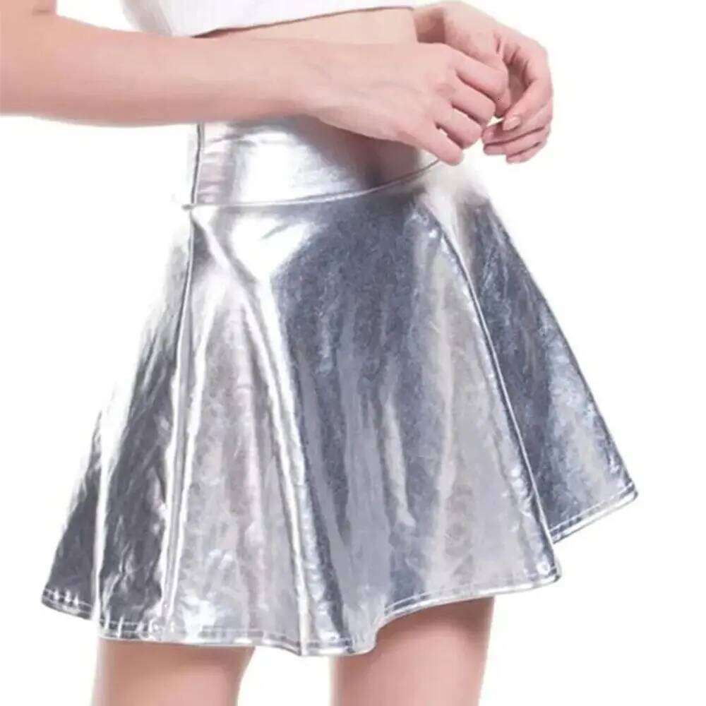 Elegant Metallic Retro Flared Design A-line Short Gold Silver Solid Color Pleated Skater Skirt Z260314