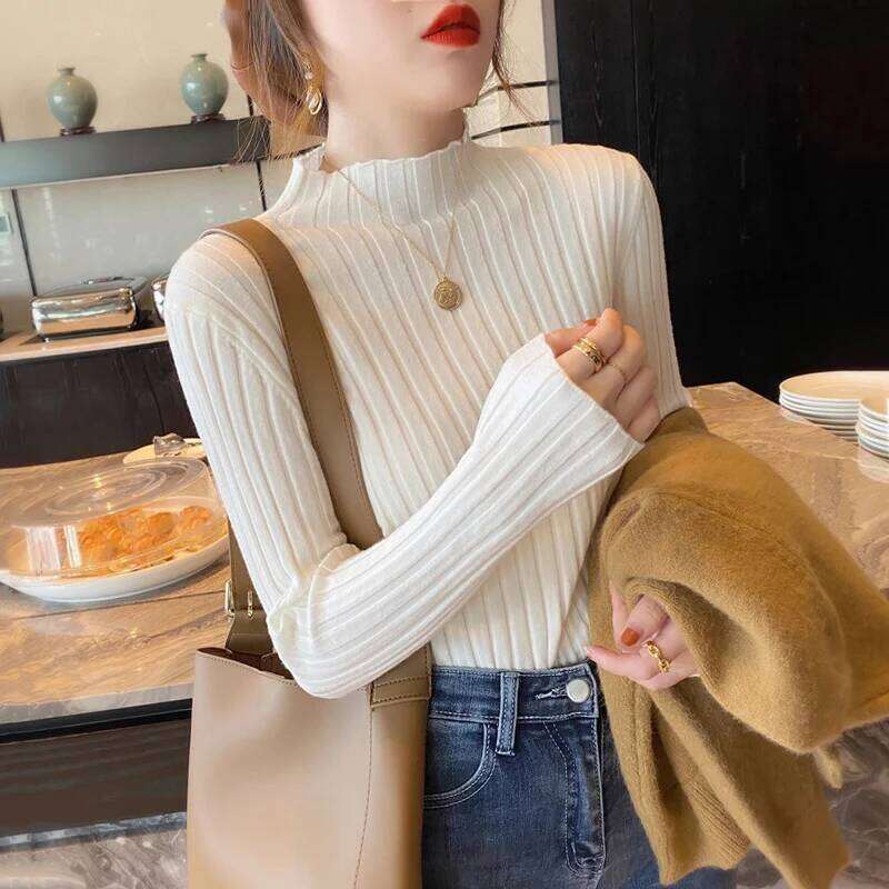 Sweaters Sueters De Mujer White Knitted Pullovers New Long Sleeve Mock Neck Knit Sweater Pullover Women Tops Q1768 Z260314