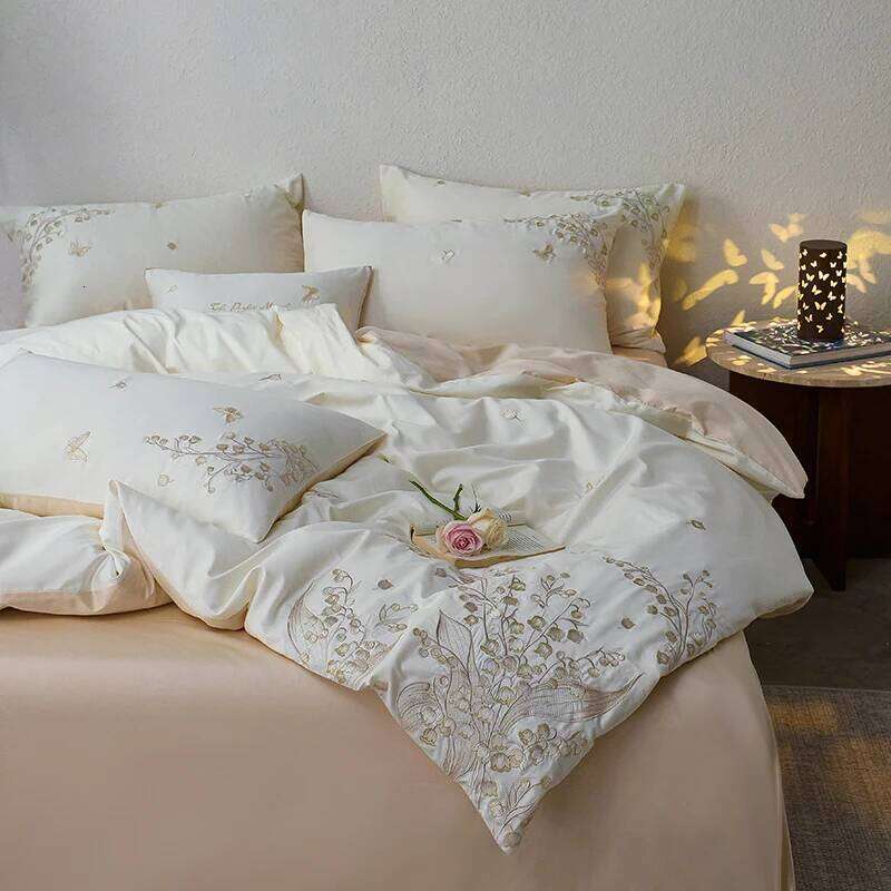 Elegant Lily of the valley Embroidery Bedding 600TC Egyptian Cotton Duvet Cover Set Bed Sheet/Fitted Sheet Pillowcases 4Pcs H260312 - view 5