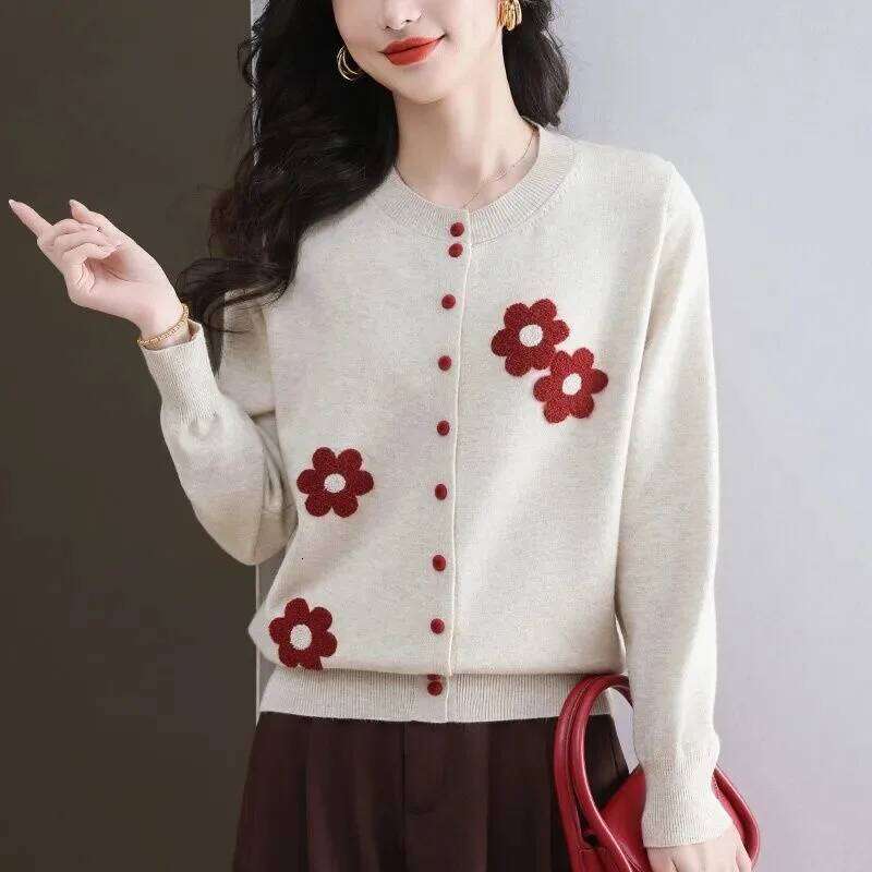 Flower Contrast Color Knitted Cardigan Round Neck Sweater Jacket Women's Top Z260313