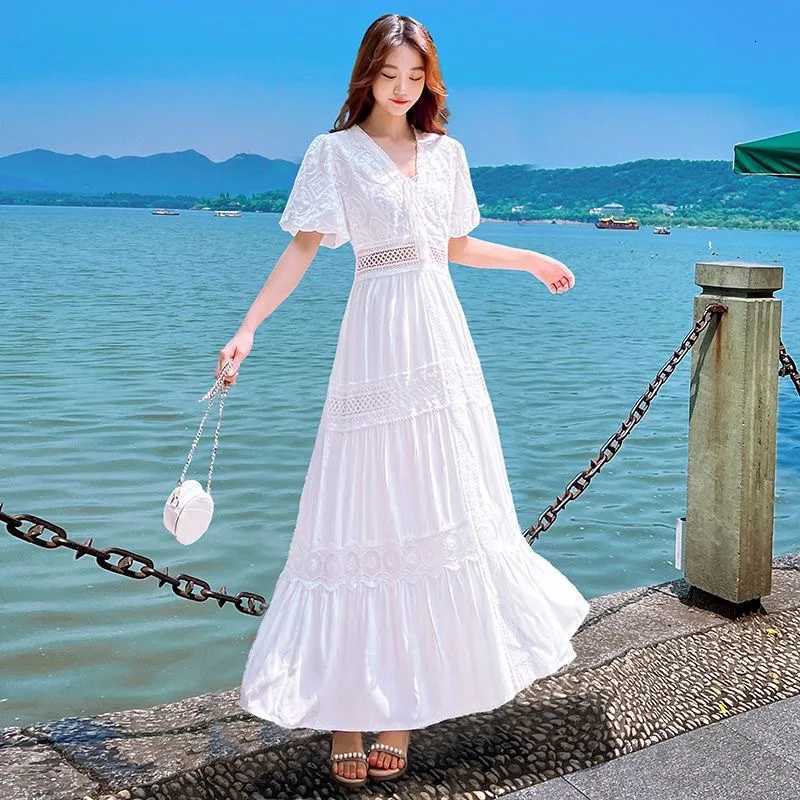 Boho Dress Women Fashion Spring/Summer White Sweet French Bubble Sleeve Beach Long DressT260316