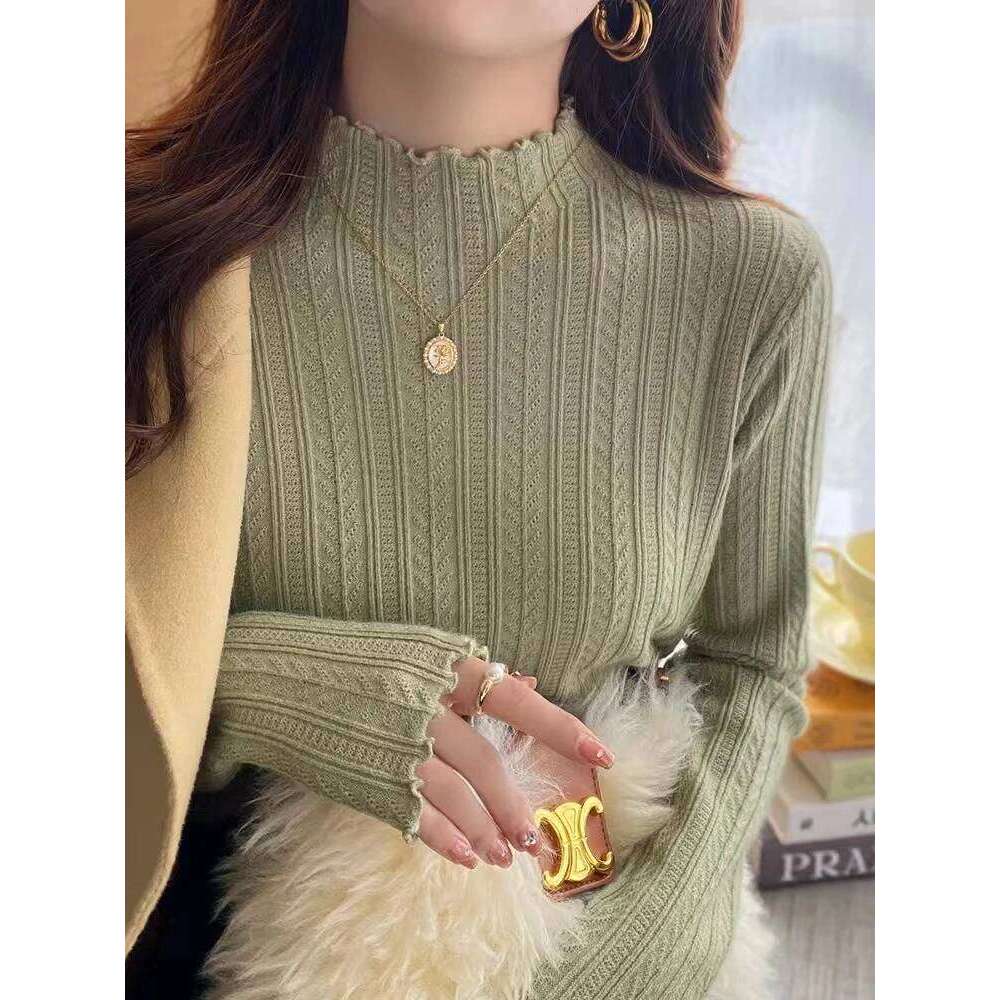Autumn Women's Knitted Pullover Sweater Sweet Solid Ruffles Half High Neck Long Sleeved Shirt Casual Slim Fit Knitwear Z260314