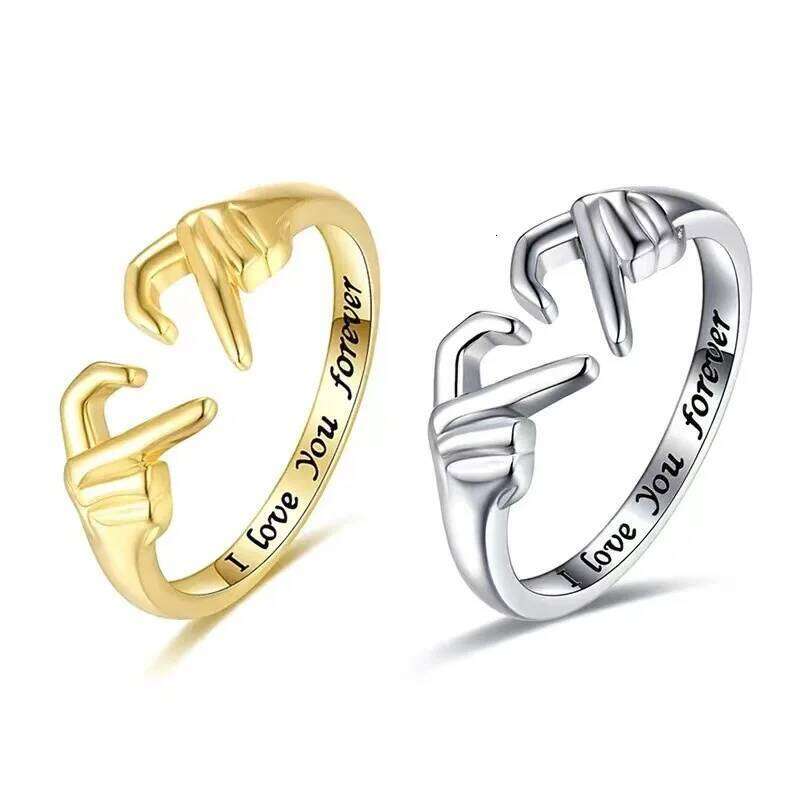 Promise Two Hands Heart Couple for Women Romantic I You Forever Carved Lettering Ring Unique Friendship Jewelry H260312