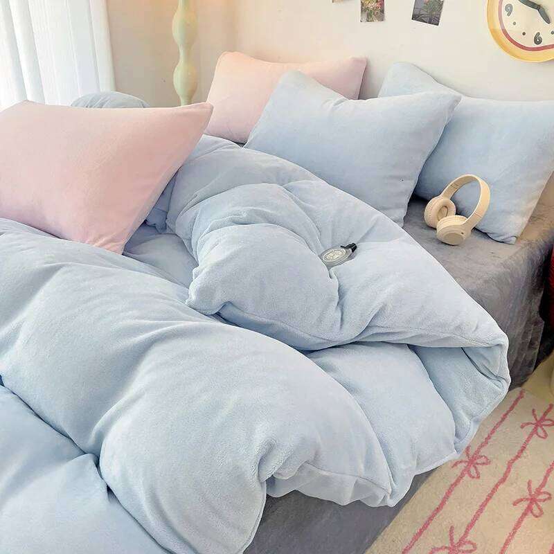 1/3/4pcs Winter Duvet Cover or Bed Set Flannel Velvet Home Linens Warmth Coral Fleece Plush Candy Solid Bedding Drop Shipping H260312 - view 6