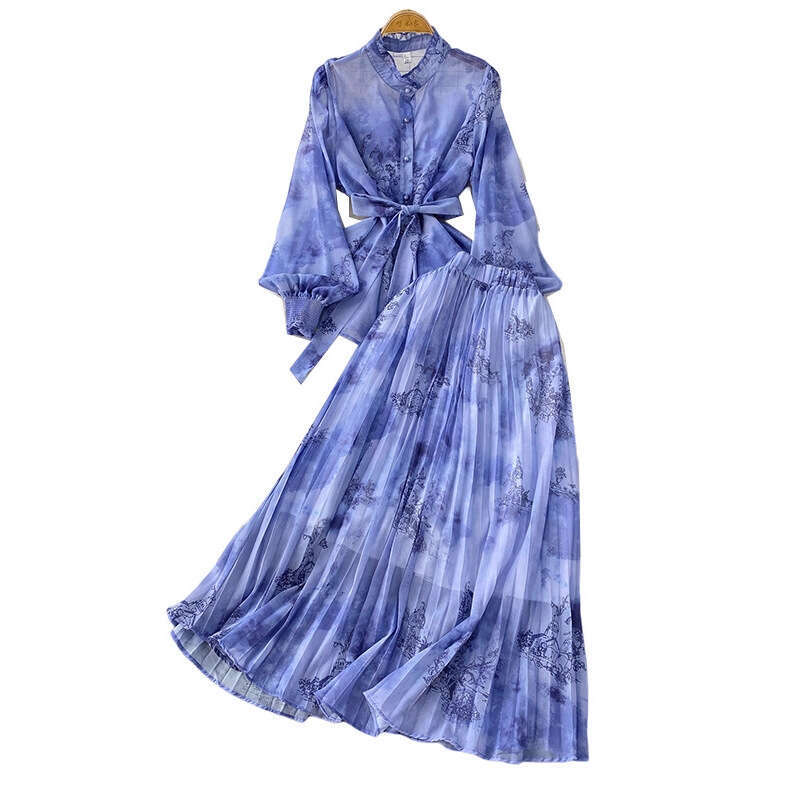 2026 Designer's New Chinese Printed Elegant Stand up Collar Lantern Sleeve Women's Shirt Summer Slimming a18 Top Skirt Set