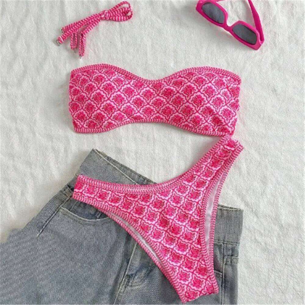 Green Vintage Floral Print Swimwear Bandeau Bikinis Sets Micro Thong Sexy Swimsuit Women 2026 Bathing Suit Bikini Mujer Biquinis Y260303