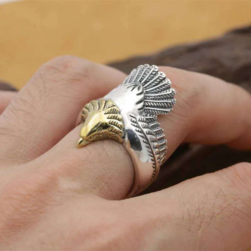 Buyee 925 Sterling Silver Unique Big Finger Cute Golden Eagle Head Open Ring for Men Women Punk Animal Fine Jewelry Circle H260312
