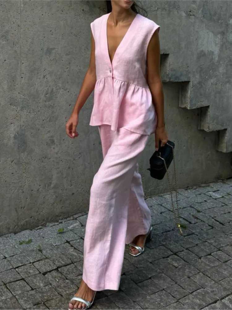 Fashion Pink Cotton Linen 2 Piece Set Women Summer Chic Elegant Outfit Sleeveless Ruffles Tank Top And Loose Wide-leg Pants Sets M260313