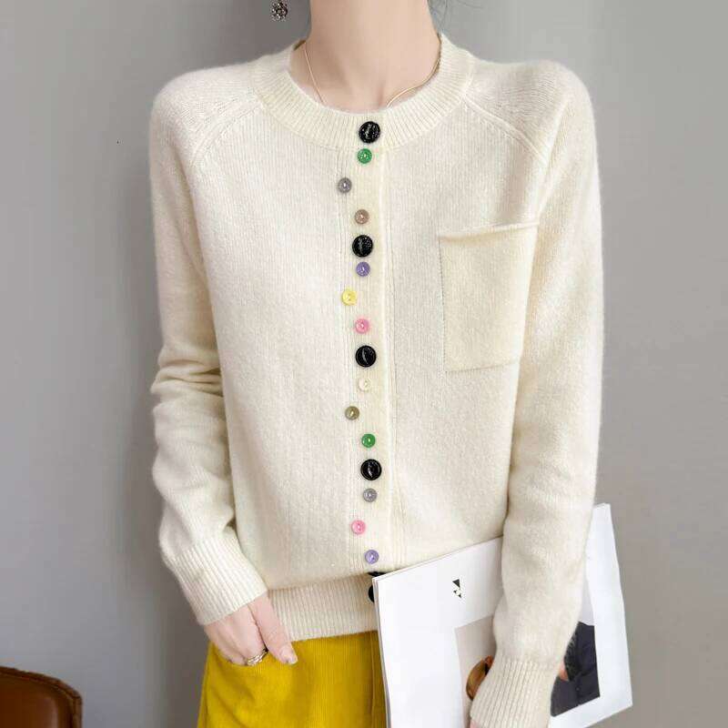 Women Merino Wool Cardigan Round Collar Sweater Coat Color Buckles Clothing Autumn Winter Long Sleeve Knitwear Bottoming Tops Z260313