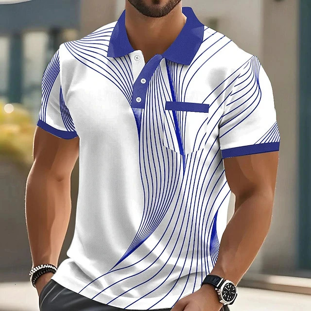 Summer Fashion Short Sleeve Mens Polo Shirts Stripe 3d Print Lapel Man Top High Quality Oversized Male Shirt Casual Clothing 260312