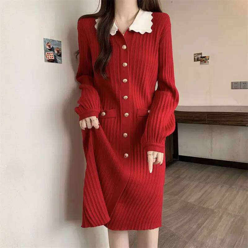 Casual Doll Collar Knitted Midi Dress Women's Clothing Solid Color Spring Autumn Single-breasted Long Sleeve Straight Dresses Z260313