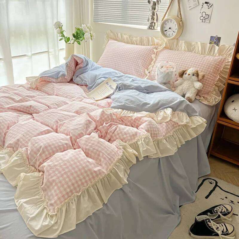 Ruffled Pink Blue Set Twin Queen Washed Microfiber Ultra Soft Bedding set Grid Duvet Cover Bed Sheet 2 Pillowcases H260312 - view 3