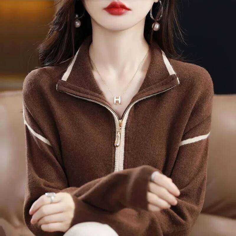 2024 Polo Collar Wool Women's New Half High Zipper Loose Outer Hoodie High-End Base Knit Sweater Solid Color Jacket Lady Z260314