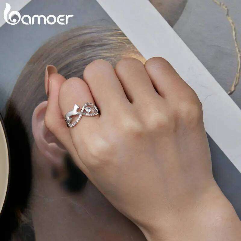 Bamoer 925 Sterling Silver Cute Cat Finger Infinite Symbol Ring for Women Birthday Gift Pave Setting CZ Fine Jewelry SCR918 H260312