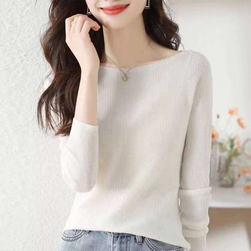 Women's Clothing Slash Neck Long Sleeve Knit Top Autumn New Elegant Fashion Solid Vertical Grain Sweaters Office Lady Chic Tops Z260313