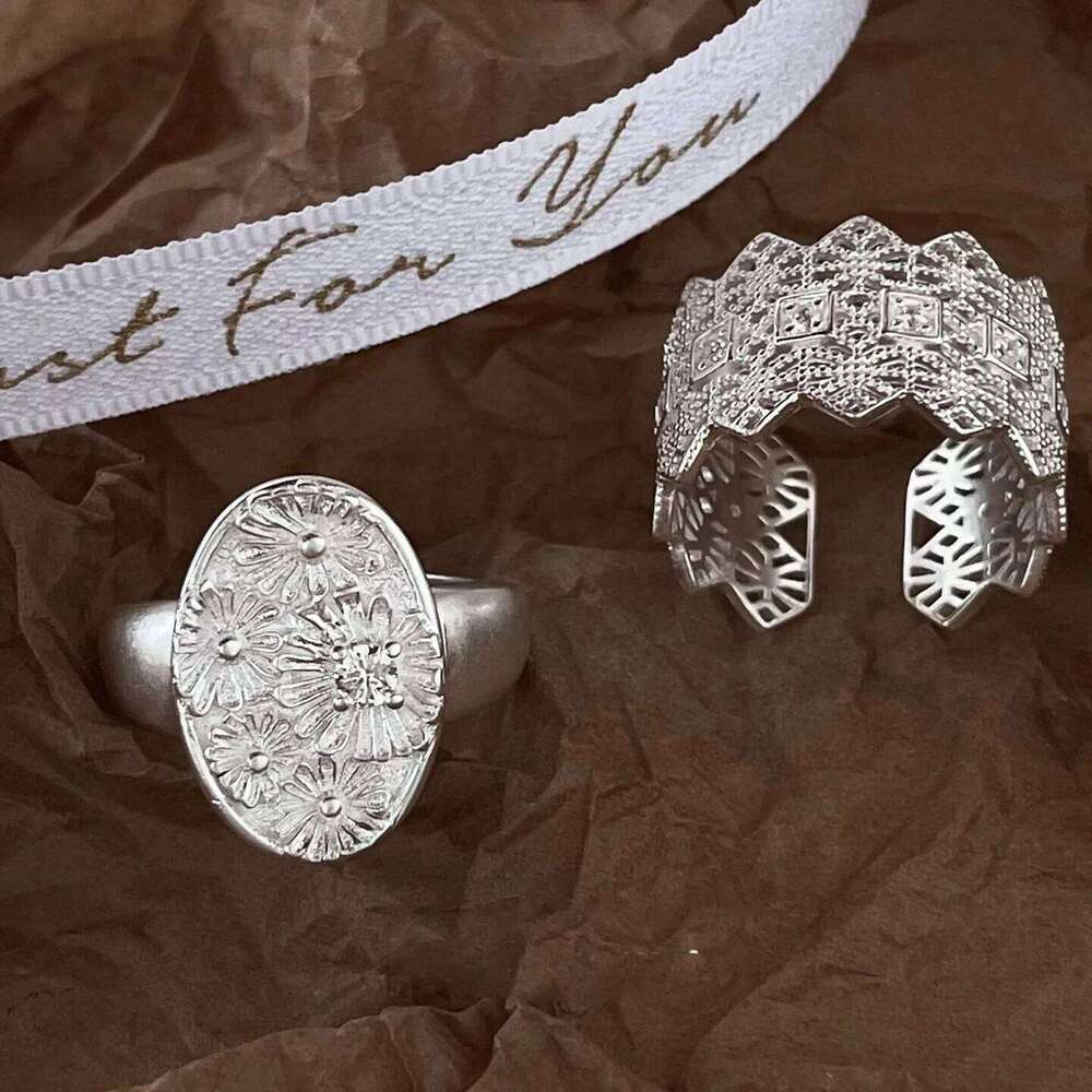 925 Sterling Silver Rings Women Geometric Fine Jewelry Finger Adjustable Simple Oval Flower Ring For Party Birthday Gift H260312