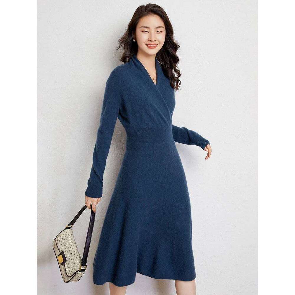 CHICUU Women 100% V-neck Waist Cinching Dresses Autumn Winter Office Lady Grace Luxury Cashmere Knitwear Z260314