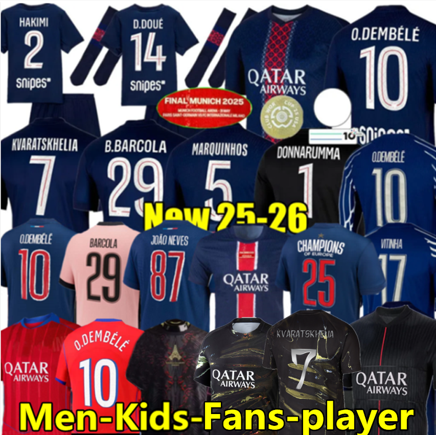 FINAL 25 26 D.DOUE KVARATSKHELIA Maillot de Foot Joao Neves Paris Jerseys Marquinhos Dembele Barcola Hakimi Ugarte Futebol camisa 2025 2026 Men Kit