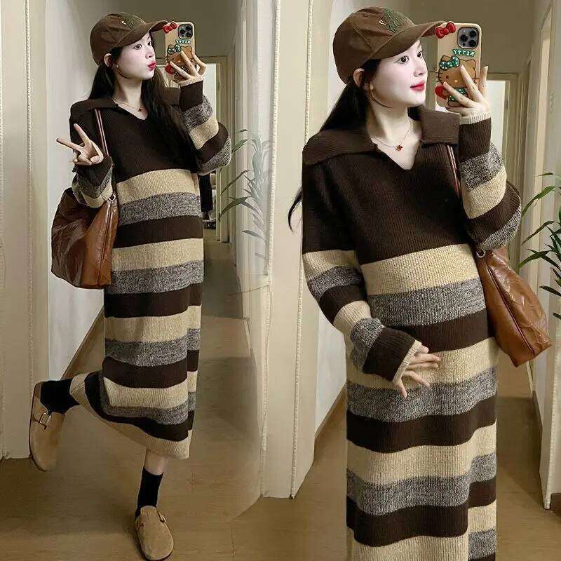 Striped Knit Dress For Women Long Sleeve Polo Neck Loose Fit Mid Calf Length Casual Style Autumn Winter Wear Z260313