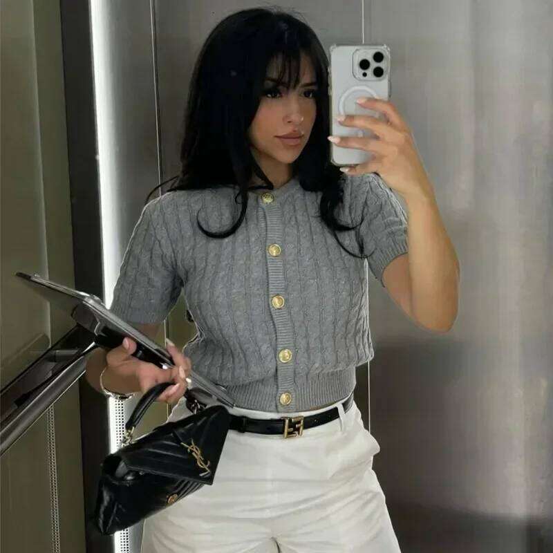 Trendix Women Knit Cardigan Winter Street Fashion Patchwork Ribbed Short Sleeve Sweater Autumn Commute Knitwear Crop Top Z260313