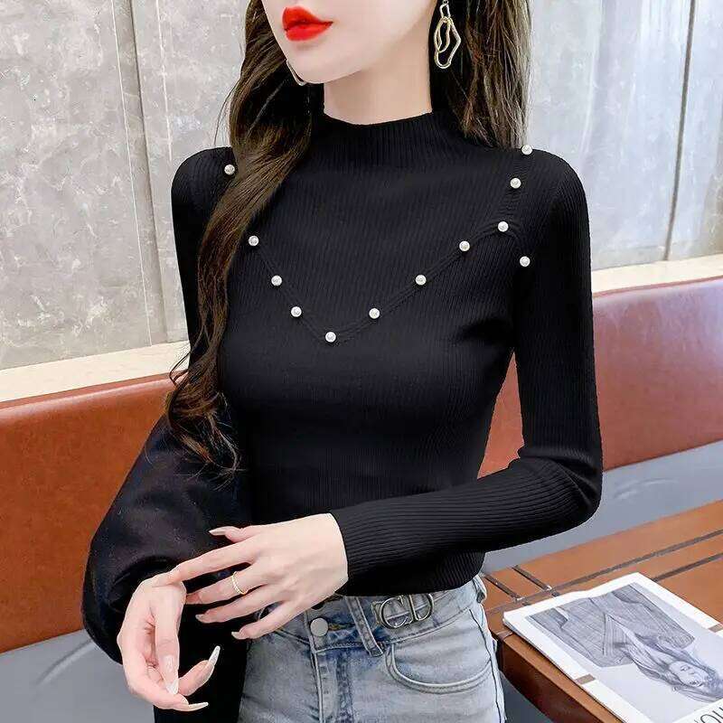 Sweater Solid Color Long Sleeve Pullover Women's Clothing Half High Collar Embroidered Flares Spring Autumn Screw Thread Tops Z260313