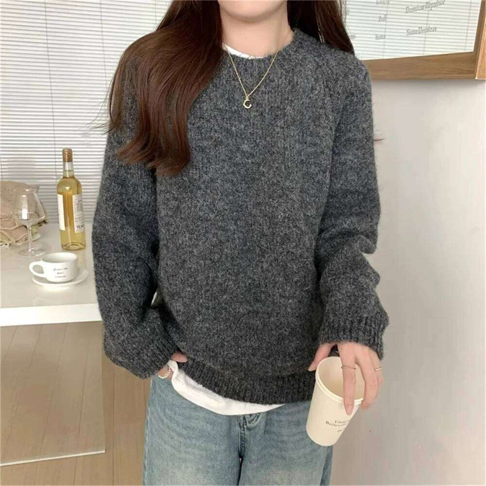 Women Sweater O Neck Jumpers Long Sleeve Knitted Solid Pullovers Lazy Wind Slight Strech Casual Basics Loose Fit Autumn 2025 Z260314