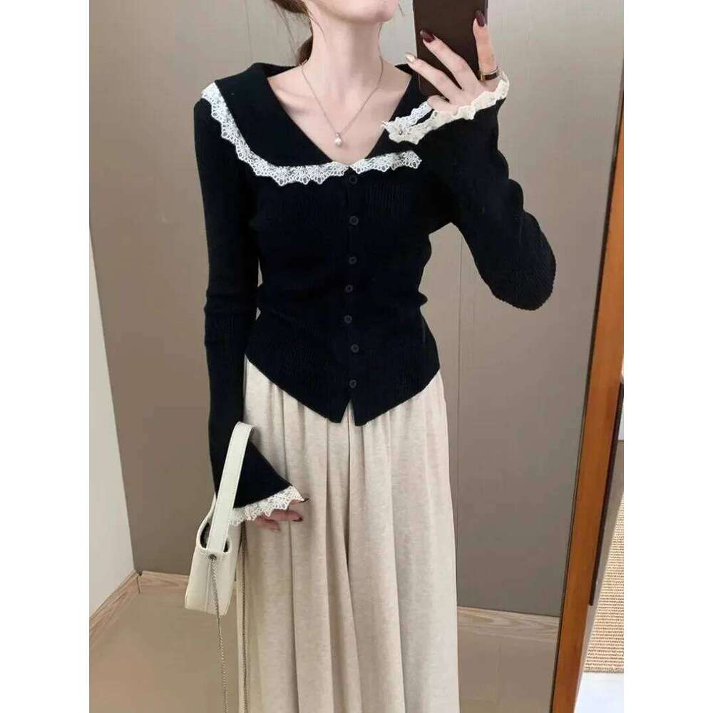 Cardigan Women Peter Pan Collar Korean Fashion Knitted Lace Patchwork All-match Inner Autumn Daily Cozy Temperament Top Ulzzang Z260313
