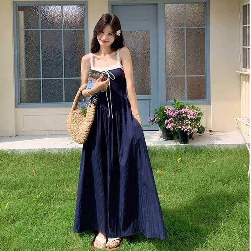 Women Navy Blue Contrast Maxi Dress Lady Lace Trim Square Neck Casual Summer Vacation Dress Female Sleeveless Comfort DressT260314