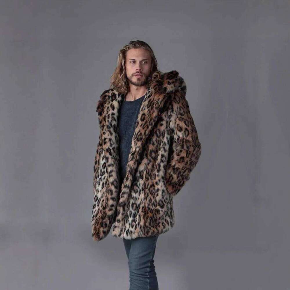 Men Faux Fur Jacket Winter Coat Thick Hooded Leopard Print Mid Length Warm Ears Overcoat Vintage Loose Casual 2025 Outerwear Z260313