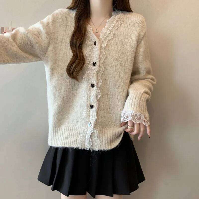 French Lace Edge Patchwork V-neck Women Cardigan Autumn Winter Lazy Style Loose Long Sleeves Single-Breasted Knitted Sweater Z260313