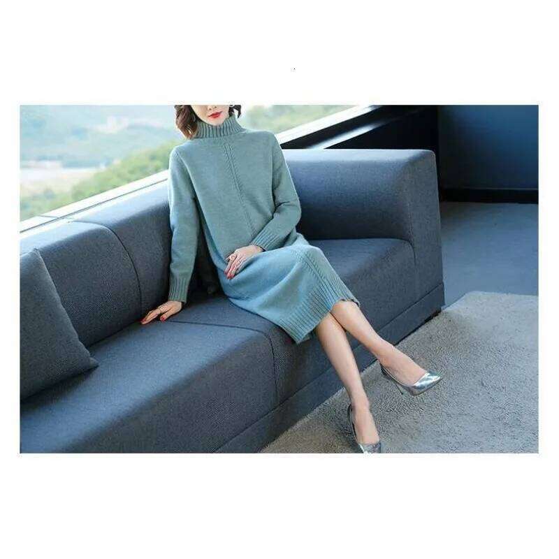 Autumn and Winter Knitted Base Layer with Long Turtleneck for Women Casual Solid Color Loose Sweater Dress Z260314