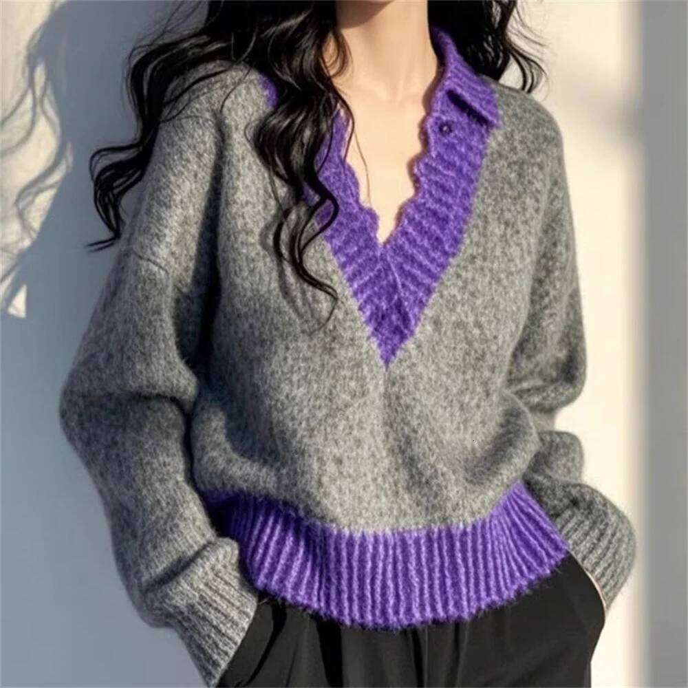 Women Knit Spring Autumn Clothing High Quality Elegant Beautiful Sweater Tops Purple Patchwork V-neck Loose Coat Z260313