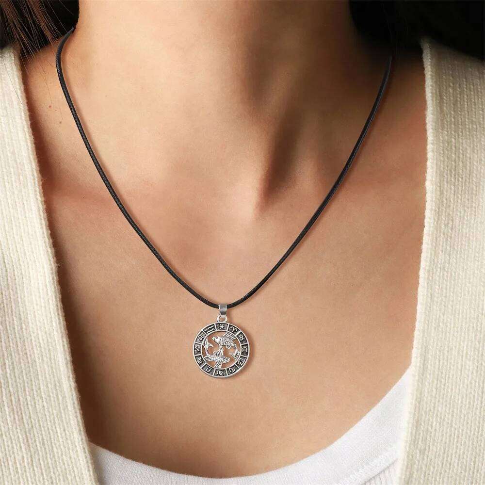 12 Constellation Zodiac Sign Black Leather Rope Necklace Aries Leo Scorpion Birthday Gift For Women Men Friends Jewelry H260312