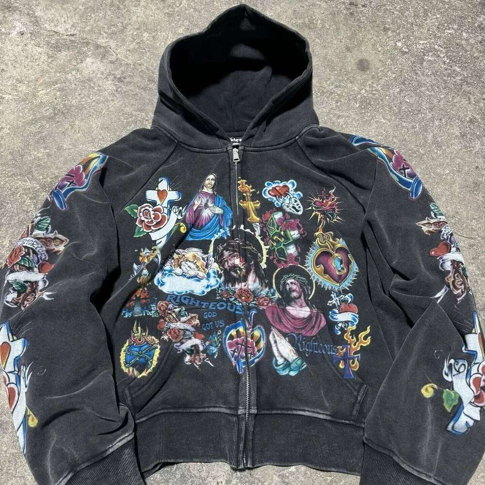 Casual y2k sweatshirt zipper cardigan loose hoodie for women 2024 new versatile printed letters hip-hop geometric pattern Z260315