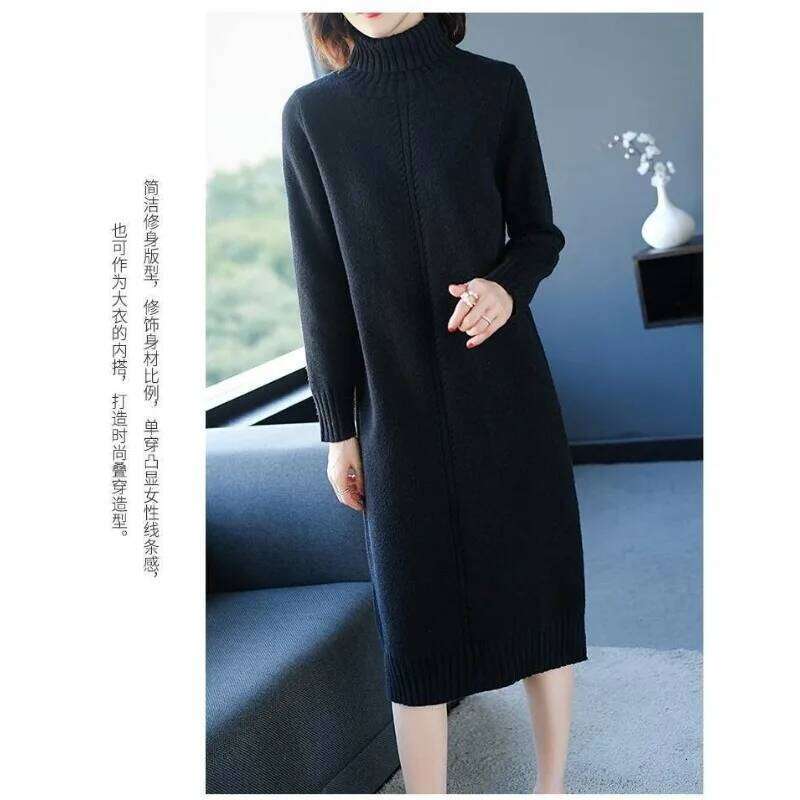 Autumn and Winter Knitted Base Layer with Long Turtleneck for Women Casual Solid Color Loose Sweater Dress Z260314