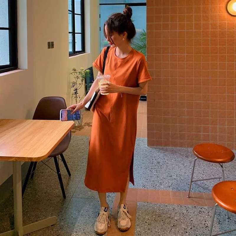 Casual Backless T Shirt Dress Summer New Round Neck Short Sleeve Solid Color Loose Midi Dress Fashion Trend Women ClothingT260314