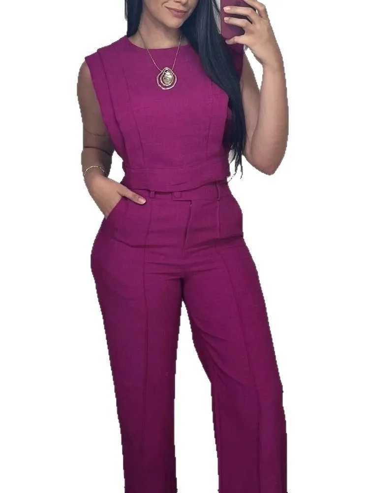 Spring Summer Womans Solid Office Suit Fashion O-neck Sleeveless TopWide-leg Pants Two-piece Set Ladies Temperament Outfit M260313