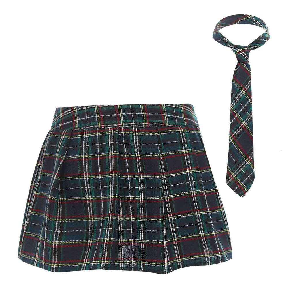 Women Japanese Role Play Uniforms Zipper Plaid Pleated Mini Necktie Set Sexy Schoolgirls Skirt Cosplay Costume Z260314